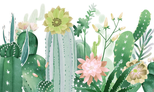 Papier Peint Panoramique Aquarelle Cactus et Fleurs