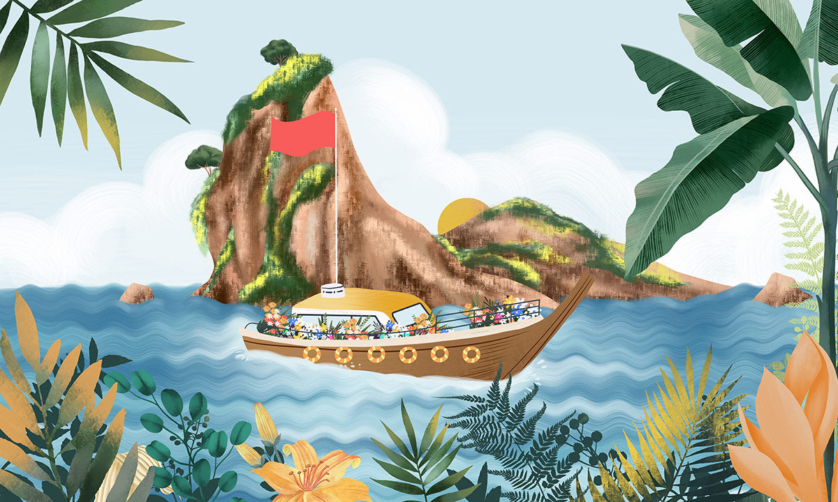 Tropical Boat Adventure Kids Mural Wallpaper