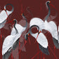 wall paintings of red-crowned cranes with a crimson backdrop