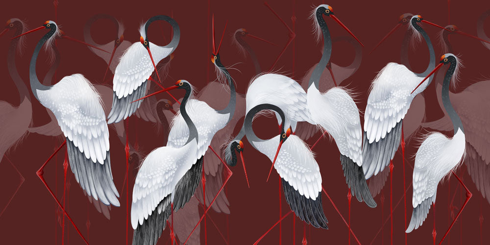 wall paintings of red-crowned cranes with a crimson backdrop