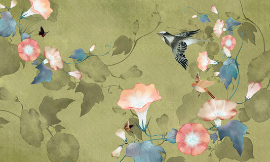 Petunia and Birds Flower Wallpaper Art Design
