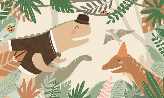 Whimsical Dinosaur Jungle Kids Mural Wallpaper
