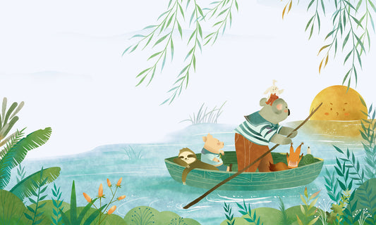 Whimsical Jungle Boat Animal Mural Wallpaper