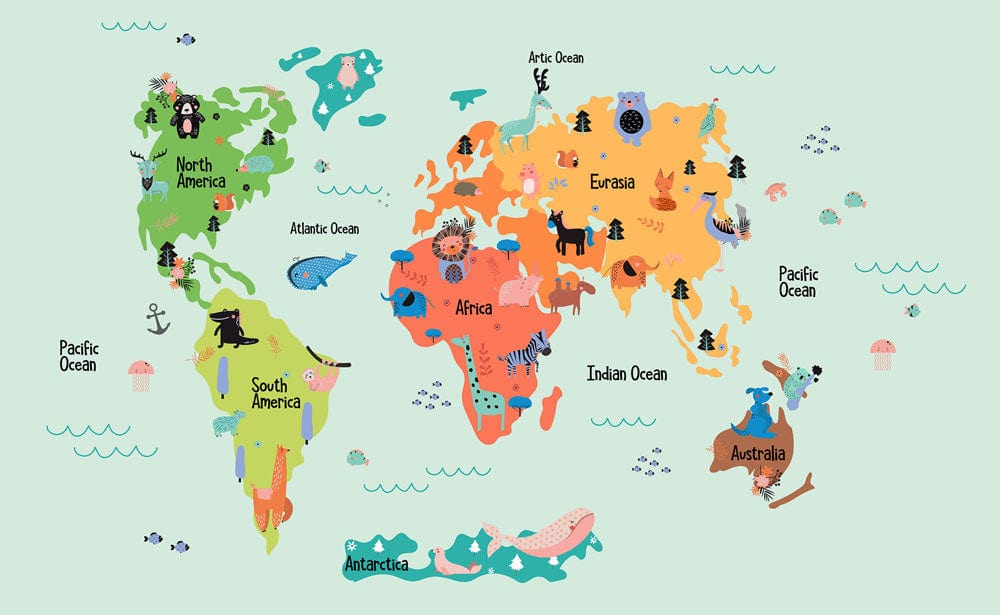 a variety of animals and a map of the world