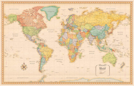 Vintage World Map Information Mural Wallpaper