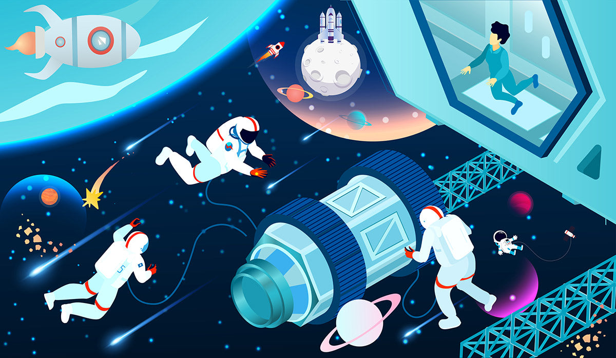 Wallpaper mural of a space station for use in children's rooms, suitable for use as home decor
