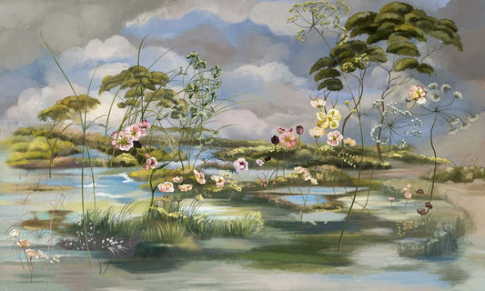 wallpaper mural for home decoration with a vintage blossom on a swamp.