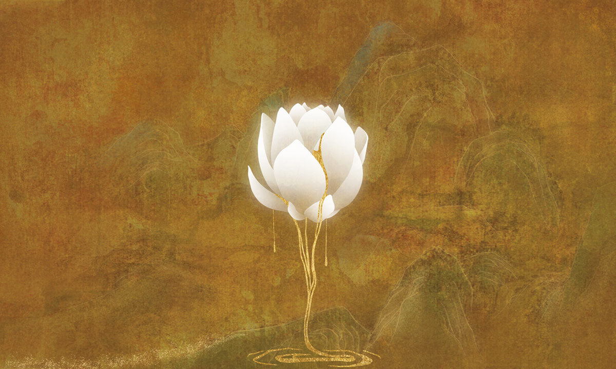 Golden Vintage Lotus Floral Mural Wallpaper