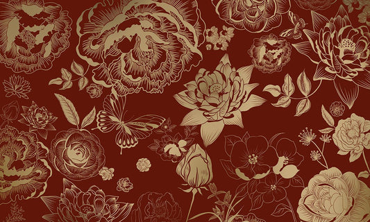 Luxurious Red Floral Art Deco Mural Wallpaper