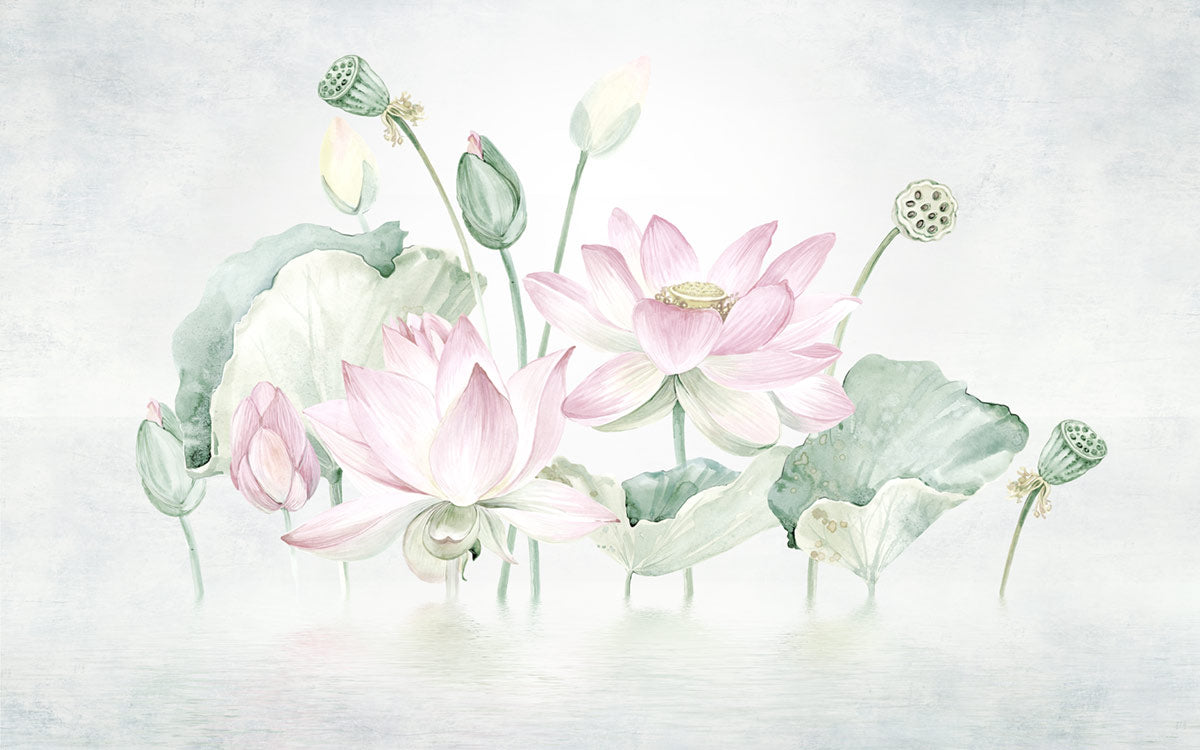 Elegant Watercolor Lotus Blossom Mural Wallpaper