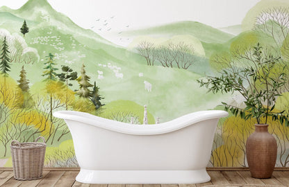 Pastoral Landscape Watercolor Mural Wallpaper in bathroom