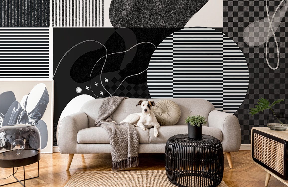 Mural Wallpaper Design in Abstract Black and White Shapes, Suitable for Living Room Decoration