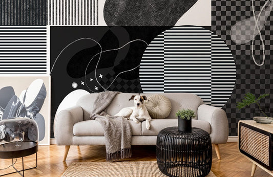 Mural Wallpaper Design in Abstract Black and White Shapes, Suitable for Living Room Decoration