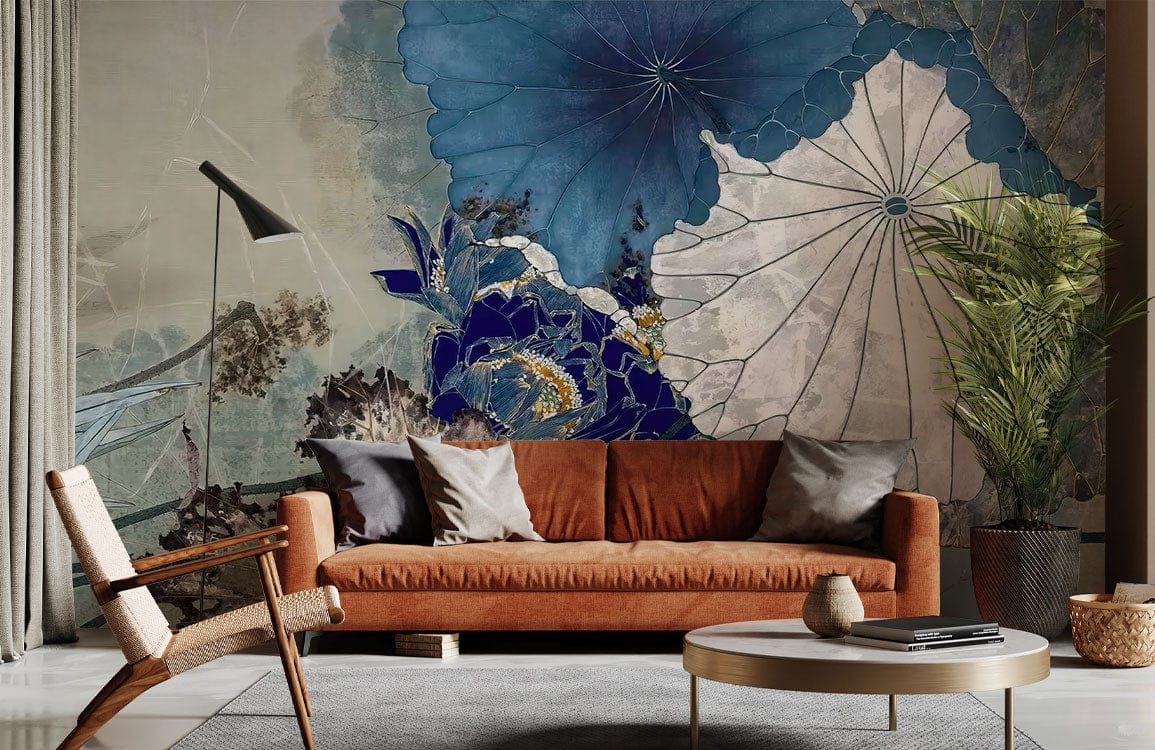 Wallpaper mural featuring an abstract blue lotus leaf design, perfect for use in the living room.
