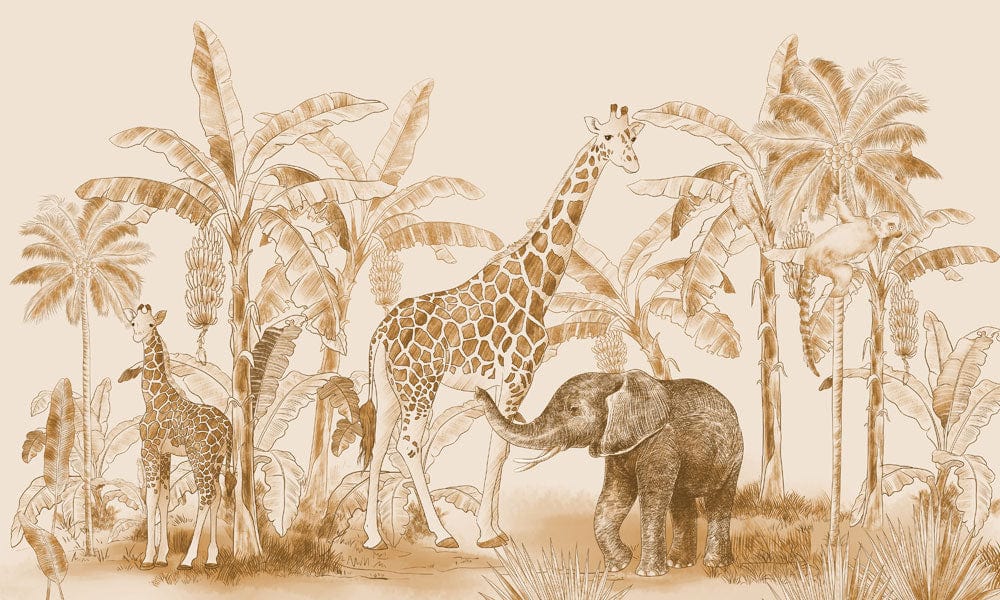 Carta da parati murale beige con schizzi di animali della savana