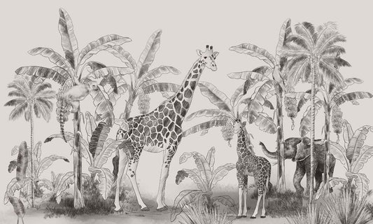 Animals in a Tropical Environment are Depicted on a Wallpaper Mural That Can Be Used for Home Decoration