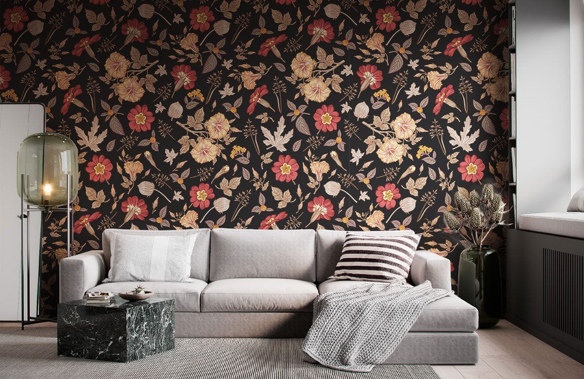 Wallpaper mural featuring autumn leaves and flowers, perfect for use as living room decor.