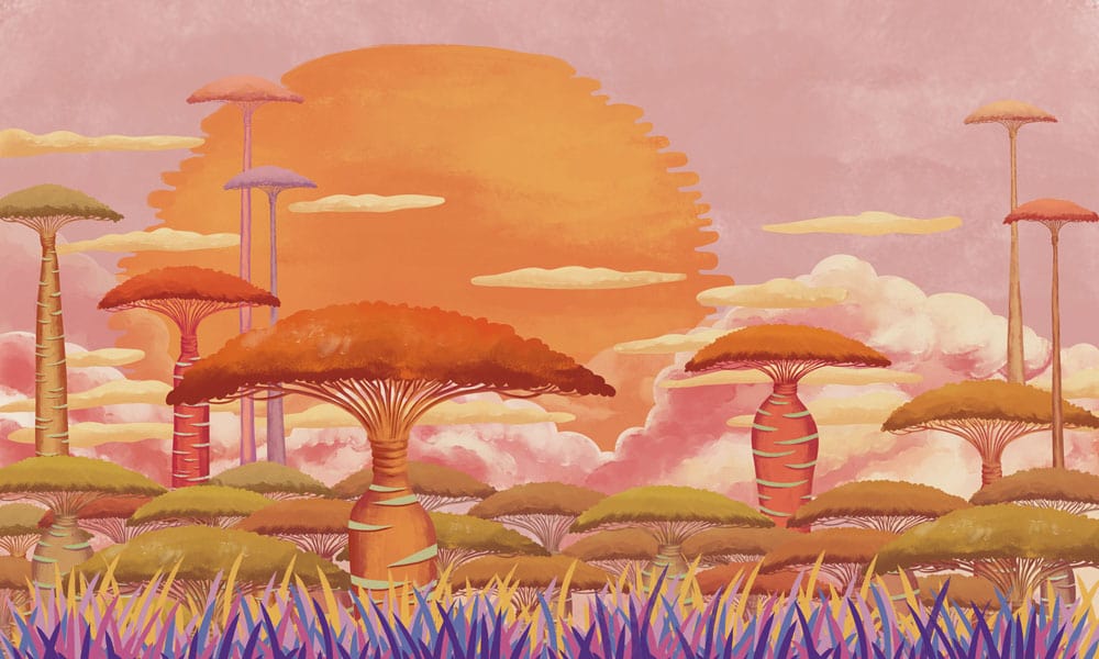 Baobab in Purple Grass and Sunset Clouds Wall Mural Wallpaper for Home Decoration