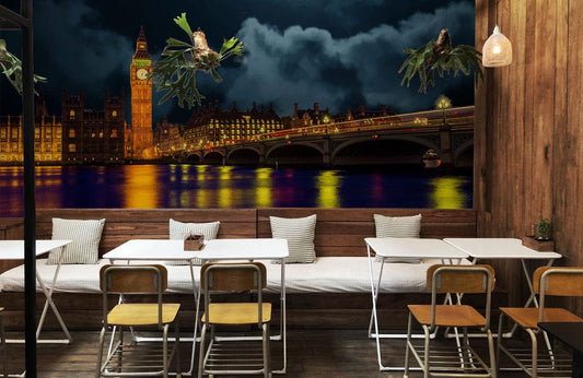 Scenery Wallpaper Mural of Big Ben with a Full Moon for Use in Decorating the Dining Room