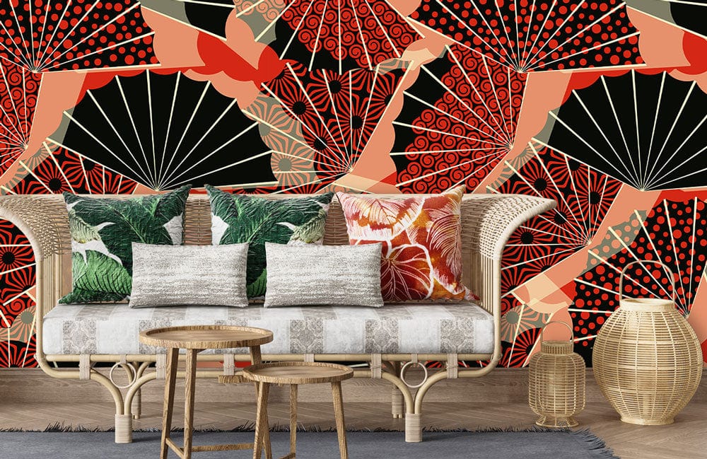 Decorate your living room with this stunning wallpaper mural featuring black and red fans.