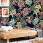 Wallpaper mural featuring blue and purple daisies, perfect for decorating the living room.
