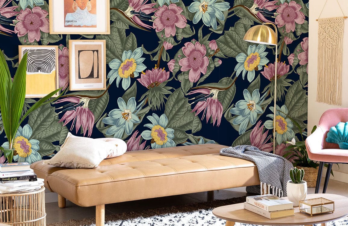 Wallpaper mural featuring blue and purple daisies, perfect for decorating the living room.