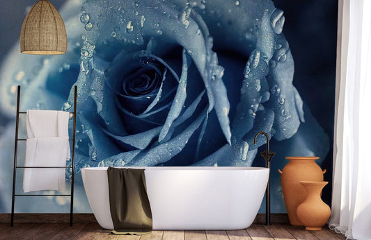 Wallpaper mural with a blue enchantress for use as bathroom decor.