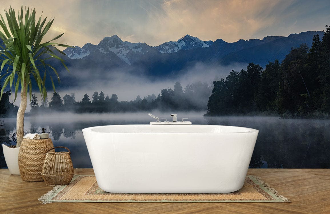 Wallpaper Mural for Bathroom Decoration Featuring Blue and Foggy Mountain Landscapes