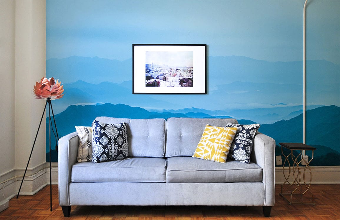 Wallpaper mural with blue misty hilltops, perfect for decorating the living room.
