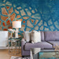 Mural wallpaper design featuring a blue reticulated pattern for the living room.