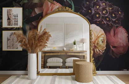 Elegant Floral Dark Background Mural Wallpaper in living room