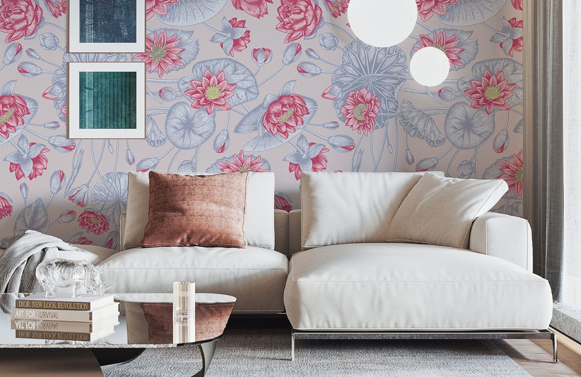 Bright Pink Lotus Pattern Wallpaper Mural Used for Decorating the Living Room