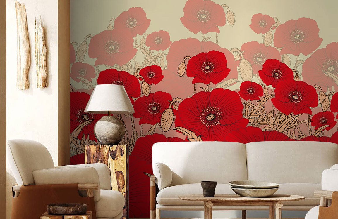 Wallpaper mural with vivid scarlet flowers for the living room's decor.