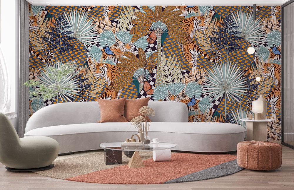 Wallpaper Mural for Living Room Decor With a Brown Abstract Tiger in a Jungle Setting