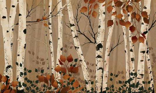 Wallpaper mural in the brown autumnal colour scheme with a firmiana woodland.