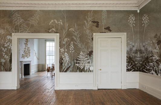 Wallcovering with a silhouette of brown bushes, perfect for use as a mural in the hallway.