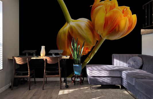 Wallpaper mural featuring blooming tulips, perfect for use in decorating the living room.