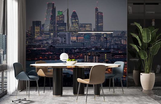 Wallpaper mural featuring a busy London center scene, perfect for the dining room.