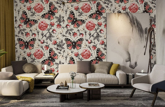 Wallpaper mural featuring butterflies and pods, perfect for use as living room decor.