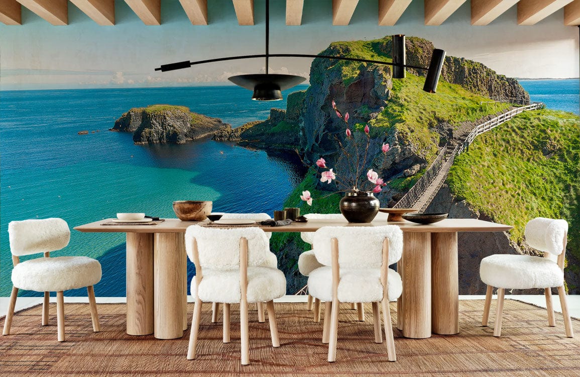 Wallpaper mural featuring a scene of a carrick a rede rope bridge for use in decorating a dining room.