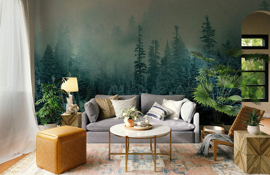 Wallpaper mural with a tranquil misty forest, perfect for decorating the living room.