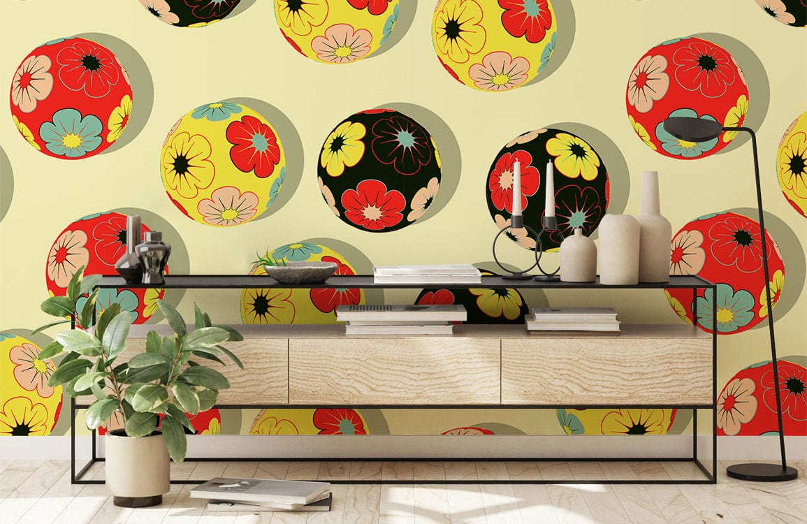 Wallpaper mural with colourful embroidery balls for use as decoration in