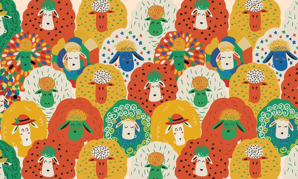 Colorful Whimsical Sheep Kids Mural Wallpaper