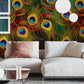 Wallpaper mural featuring a colourful peacock feather design, perfect for decorating the living room.
