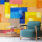 Decorate your hallway with this eye-catching paint and wallpaper mural using colourful rectangles.