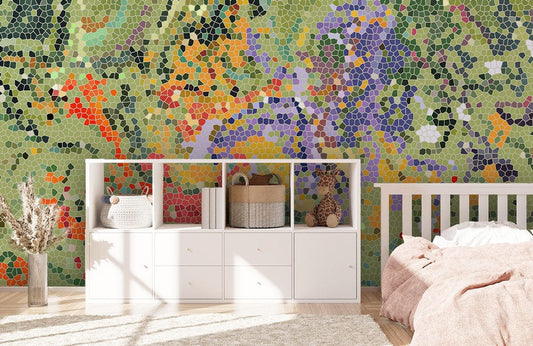 Decorative Wallpaper Mural With a Colorful Block Mosaic Design for the Bedroom