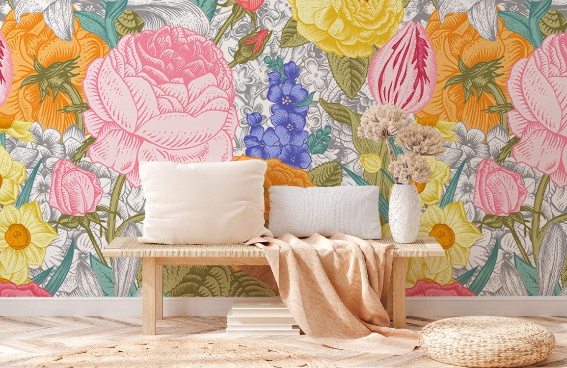 Mural Wallpaper Design of Colorful Tulip Garden for Interior Decoration