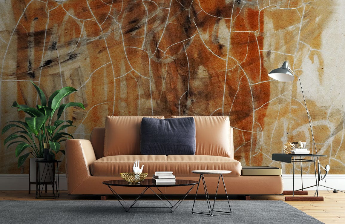Mural Wallpaper in Cracked Orange with Graffiti Design for Living Room Decoration