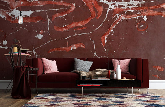 Wallpaper mural featuring a cracked red paint finish, ideal for use in decorating the living room.