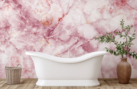 Wallpaper mural for the bathroom decorated in a cracked rose pink crystal pattern.